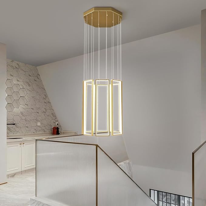 Modern Kitchen Island Dimmable Pendant Light Fixture Gold 144W LED Pendant Lights 8 Rings Rectangular Chandelier Staircase Large Chandelier Lobby Living Room Foyer High Ceiling Chandeliers