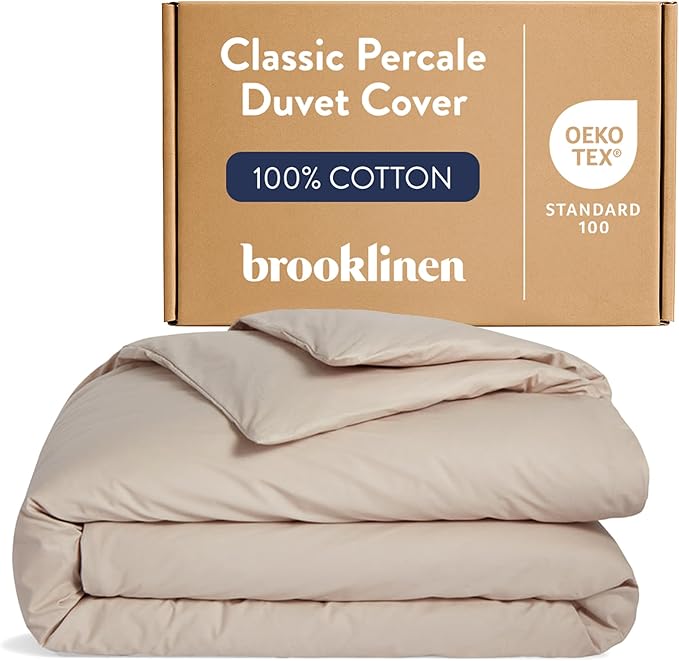 Brooklinen Luxury Percale Duvet Cover – 100% Cotton, Cool, Crisp, Extra-Long Corner Ties, Button Closure, Soft & Breathable – Machine Washable, Duvet Cover Full/Queen Bed Sizes (Pebble)