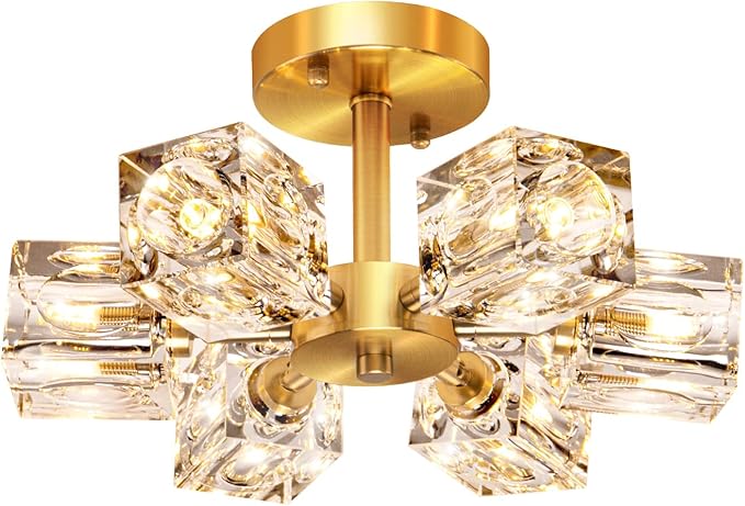 Semi Flush Mount Ceiling Light Fixture Modern 6 Lights Gold Crystal Chandelier,Brushed Nickel Sputnik Chandeliers for Hallway Entryway Bedroom Dining Room Farmhouse Kitchen Office