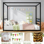 Canopy Floor Bed for Kids – Full Size, Matte-Black Steel Frame with Safety Fence, Unisex Design for Boys & Girls, Box Spring Required, Quick Assembly (Full)