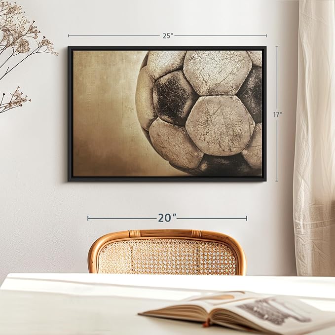 Elephant Stock Worn Soccer Ball Wall Art - Horizontal Framed Canvas - 1-Piece Living Room Wall Decor - Photography sports Canvas Print - Brown and Gray Decor for Wall - 25" X 17"