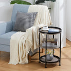 Dulcii Side Table, Round End Table with 3 Storage Shelves for Living Room, Bedroom, Nightstand with Steel Frame for Small Spaces, Industrial Round Sofa Table, Outdoor Accent Coffee Table, Oak