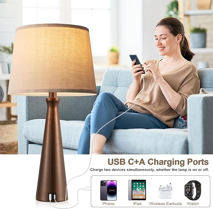 Seealle Modern Table Lamps Set of 2 - Touch Bedside Lamp for Nightstand with USB C+A,3-Way Dimmable Brown Nightstand Lamps for Living Room Bedroom End Table with Oat Shade(Bulb Included)