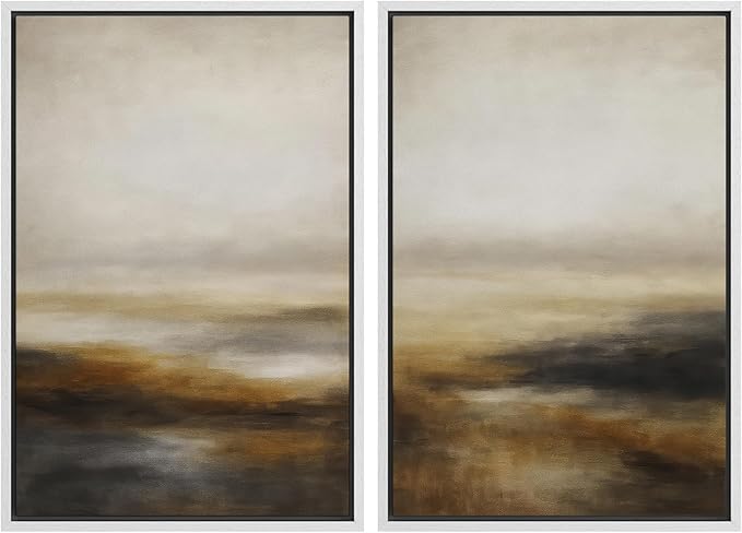 SIGNFORD Framed Canvas Print Wall Art Set Abstract Neutral Landscape Modern Beige and Brown Illustration Modern Art Decorative Nordic Nature for Living Room, Bedroom, Office - 16"x24"x2 White