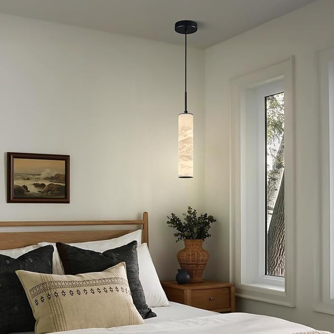 LMQNINE Natural Alabaster Pendant Lights for Kitchen Island White Marble Long Tube Chandelier Modern Black Ceiling Light Fixtures for Bedroom Dining Room Table Living Room Hallway(S-1Pack)