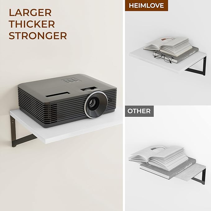 Heimlove Deep Floating Shelves for Wall, 12 Inch Deep Floating Shelves Set of 3, 16W x 12D Wood Wall Shelves, Wide Wood Shelves with Metal Bracket for Living Room, Kitchen, Office, Bedroom - White