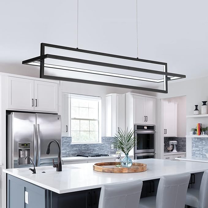 Modern LED Linear Rectangle Chandelier Dimmable 35.4” Kitchen Island Lighting, Contemporary Hanging Linear Led Pendant Chandelier Light Fixture for Dining Room Hallway Bar Black