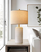 PoKat 23'' Bedside Table Lamp for Bedroom Nightstands, Ceramic Lamp for Living Room, White Night Stand Light with Round Linen Shade, Modern, Silver