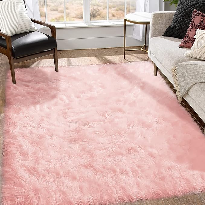 Goolela Pink Area Rug 8x10 Large Faux Sheepskin Fur Rug for Living Room Bedroom Fluffy Washable Shag Rug Super Soft Shaggy Rug Room Rug, Rectangle