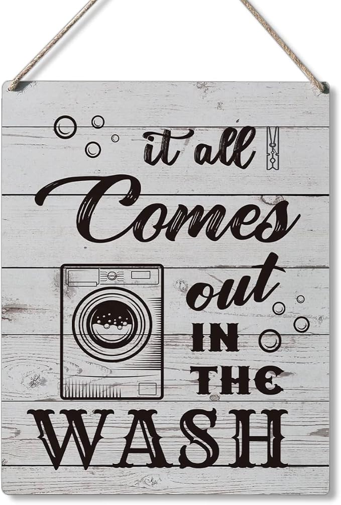 Qious Laundry Sign Gift Farmhouse It All Comes Out in the Wash Wooden Hanging Sign Plaque Rustic Wall Art Decor for Home Laundry Decoration 10 x 8 Inches