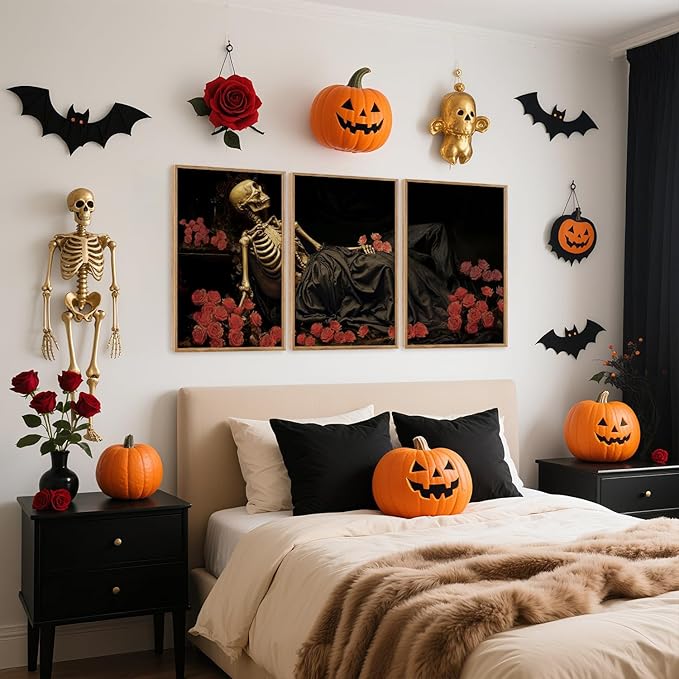 Aurlan Gothic Skeleton Roses Framed Wall Art(16"x24"), 3PCS Romantic Halloween Skull Flowers Canvas Artwork, Dark Moody Goth Mystical Creepy Decor for Home Office Bedroom