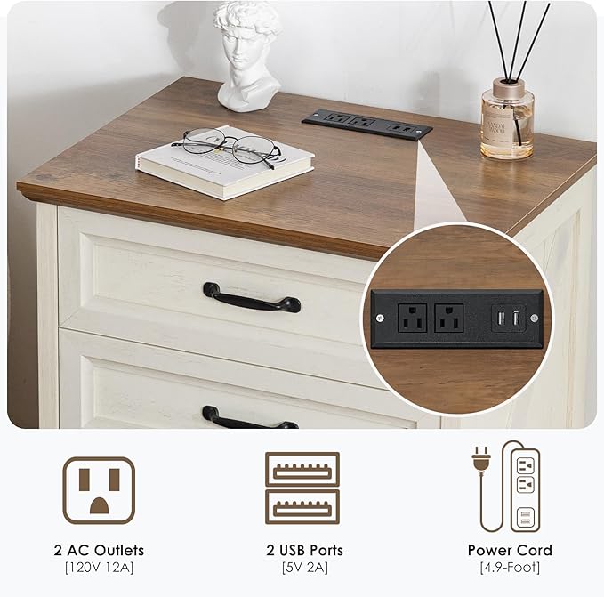 HOMMPA 24'' Farmhouse Nightstand with Charging Station, Bedside Tables with Storage, Side Table with USB Port, 3 Drawers End Table Dresser, Wood Night Stand for Bedroom, Living Room, Rustic White