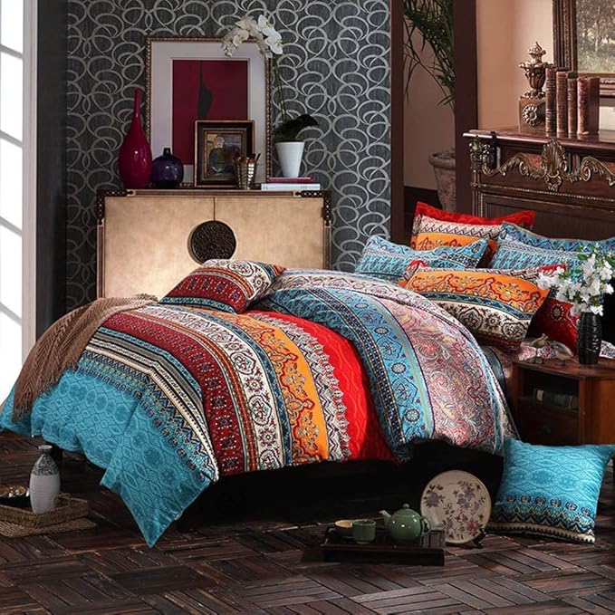 ABREEZE 3Pcs Bohemia Retro Bedding Ethnic Vintage Floral Duvet Cover Boho Bedding 100% Brushed Cotton Bedding Sets Damask Paisley Coloful Mandala Down Comforter Cover,Twin