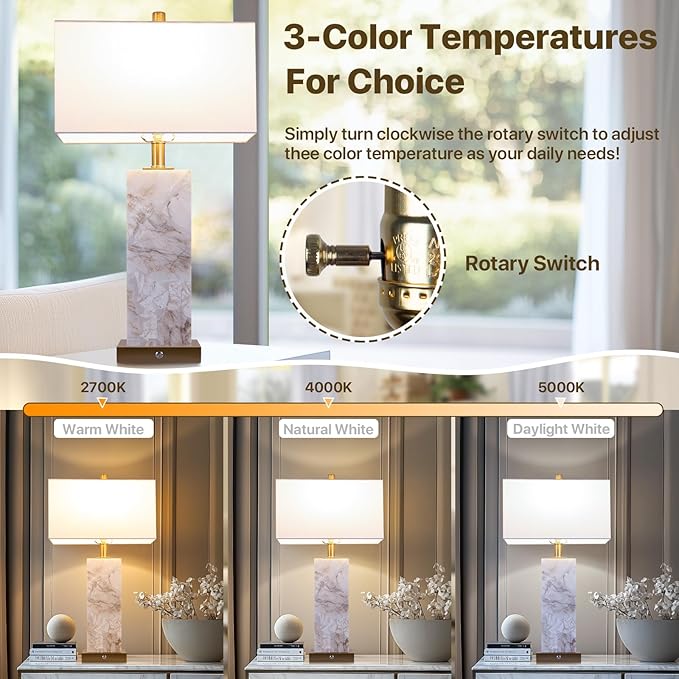 25.6" Alabaster Lamp, Marble Lamp Nightstand Lamps Set of 2, Table Lamps for Living Room Bedroom, 3-Color Temperatures Bedside Lamps with Nightlight, Modern Table Lamp with USB Ports, Bulbs Included