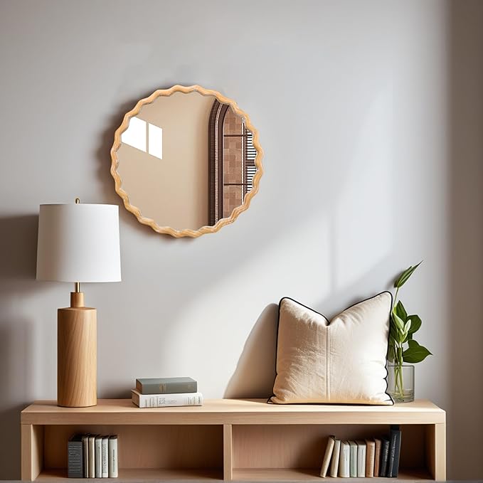 Wavy Mirror 27.5x27.5 Inch, Decorative Bathroom Mirror with Natural Wood Frame, Entry Way Mirrors for Wall, Shatterproof Glass, Mirrors for Wall Decor
