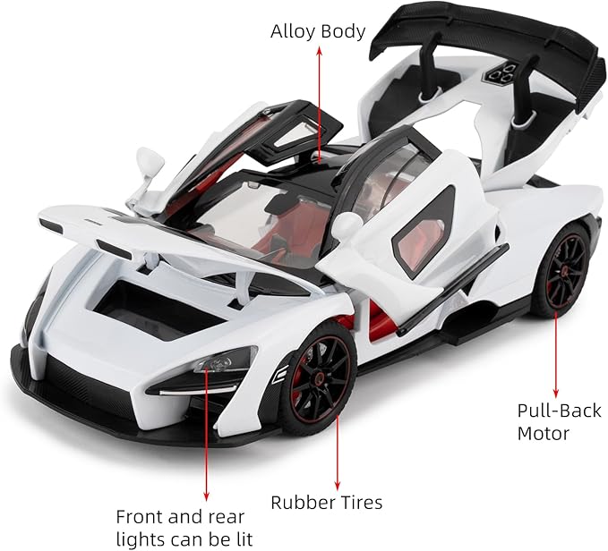 1:24 Scale Car Model Compatible for Collectible McLaren Senna Super Sports Car Toys, Zinc Alloy Pull Back Toy Vehicle with Sound and Light for Adult Boys Girls 3 4 5 6 7 8 (White)