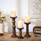 Romadedi Wood Candle Holders for Pillar - Set of 3 Tall Rustic Vintage Wooden Candlestick Holder, Farmhouse Candle Stand for Fireplace Mantle Shelf Table Home Decor, Dark Brown, 6"/ 8.3"/11.8"