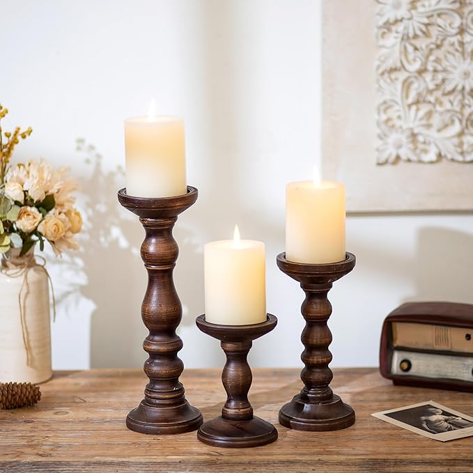 Romadedi Wood Candle Holders for Pillar - Set of 3 Tall Rustic Vintage Wooden Candlestick Holder, Farmhouse Candle Stand for Fireplace Mantle Shelf Table Home Decor, Dark Brown, 6"/ 8.3"/11.8"