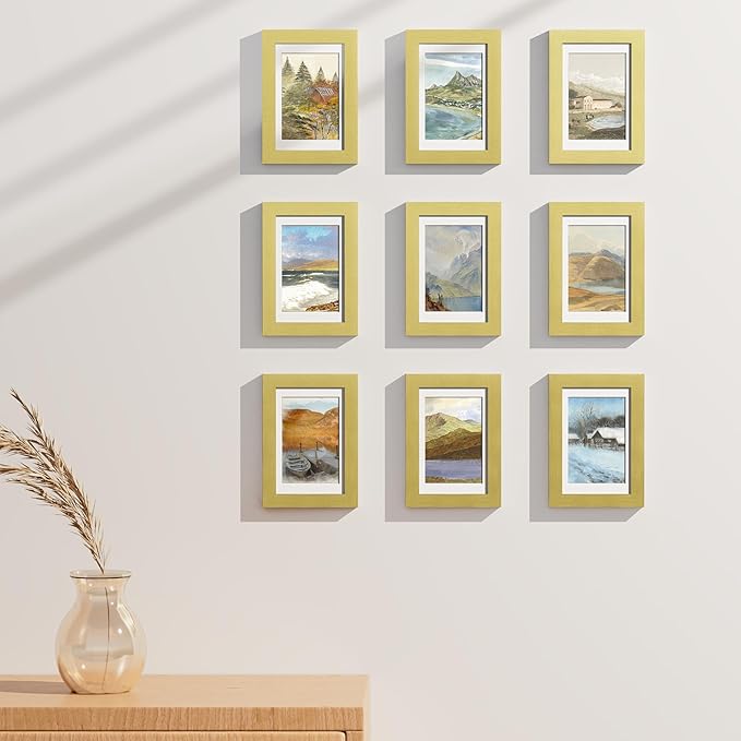 Vittanly 4x6 Picture Frames Set of 9, Shatter Resistant Plexiglass, Display 3.5x5 Pictures with Mat or 4x6 without Mat, Photo Frames for Wall or Tabletop, Engineered Wood, Gold