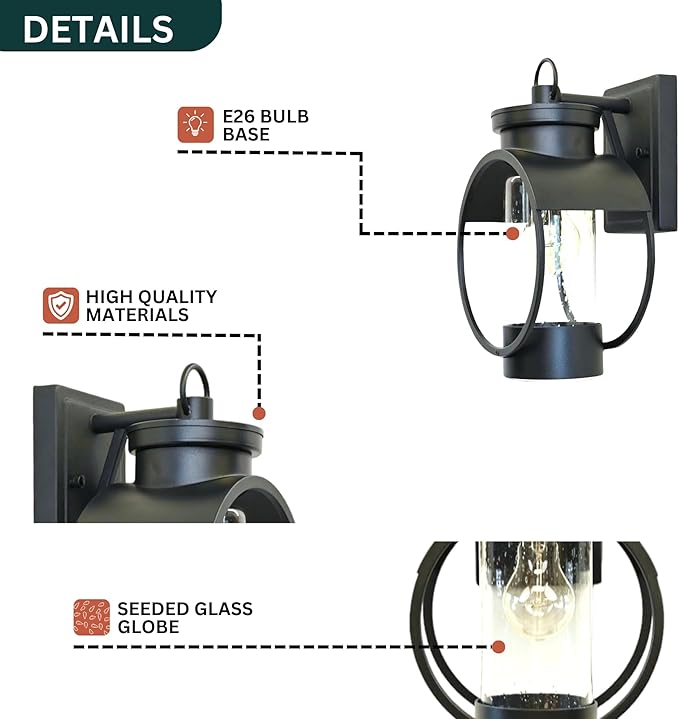 Muskoka Lifestyle Products Black Outdoor Weatherproof Wall Sconce Light Fixture, Rustic Porch Light, Entryway Light, Outdoor Wall Sconce Lantern