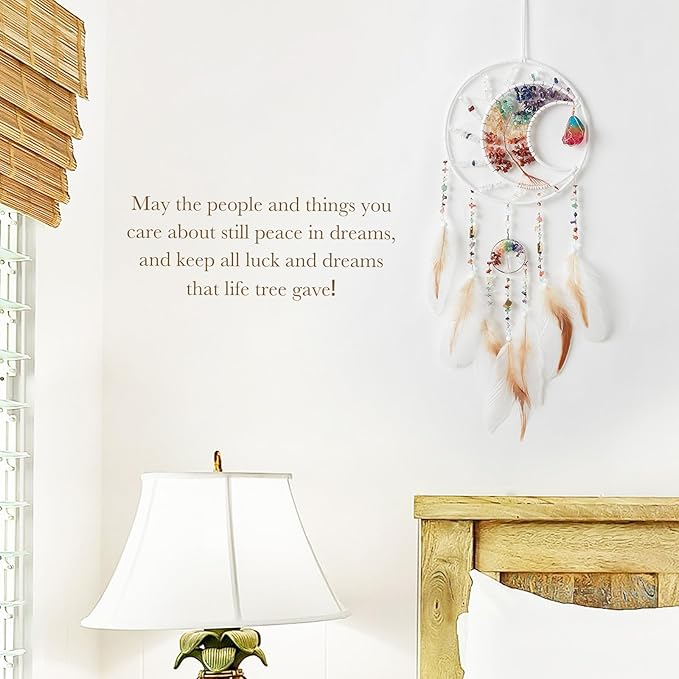 7 Chakras Dream Catchers Tree of Life Dream Catcher White Feather Dreamcatcher Wall Decor with Healing Crystal Stone & Fluorite Wall Art Hanging for Bedroom Home Decor Bless Gift Wedding Garden