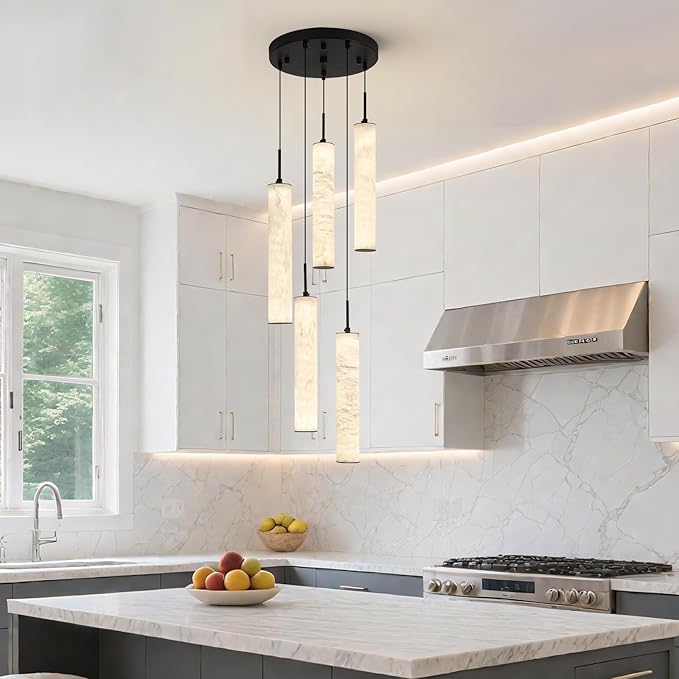 LMQNINE Natural Alabaster Pendant Lights for Kitchen Island White Marble Long Tube Chandelier Modern Black Ceiling Light Fixtures for Bedroom Dining Room Table Living Room Hallway(M-5Light)