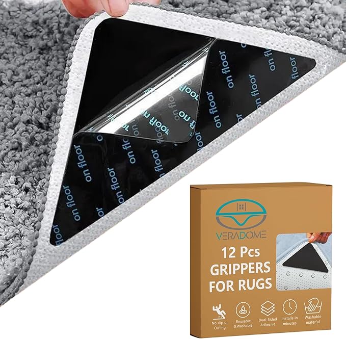 12 Pcs Rug Tape, Non-Slip Rug End Grippers Double-Sided Carpet Corner Tape, Gripper Pads, Non-Slip Carpet Stickers for Hardwood Floors and Tiles