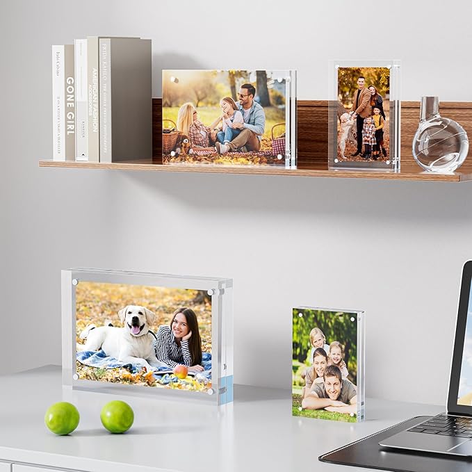 3 Pack Acrylic Picture Frames 8x10, 20%thicker Free Standing Desktop Display,Strong Magnetic Photo Frame, Double Sided Clear Picture Frames , Frameless Standing Desktop Frame for Home, Office, Gift Ready