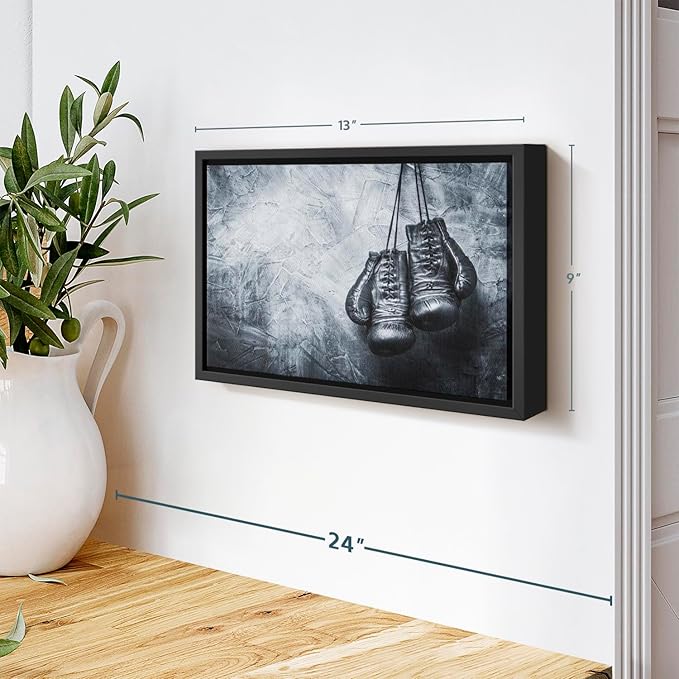 ElephantStock Boxing Gloves Wall Art - Horizontal Framed Canvas - 1-Piece Living Room Wall Decor - Photography Sports Canvas Print - Black and Gray Decor for Wall - 13" X 9"