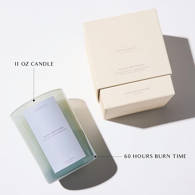 Eucalyptus Fig & Sandalwood Scented Candle | Benevolence LA Sun-Kissed Collection | 11oz, 60 Hour Burn | Natural Soy Wax, Cotton Wick | Fall Scented Candles for Home, Bedroom – Pacific Driftwood