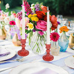 Glass Candlestick Holder,Striped Taper Candle Holders,Set of 6 Candle Stand for Table Centerpieces, Home Decor,Weddings,Festival and Parties (Red Stripe Pattern)