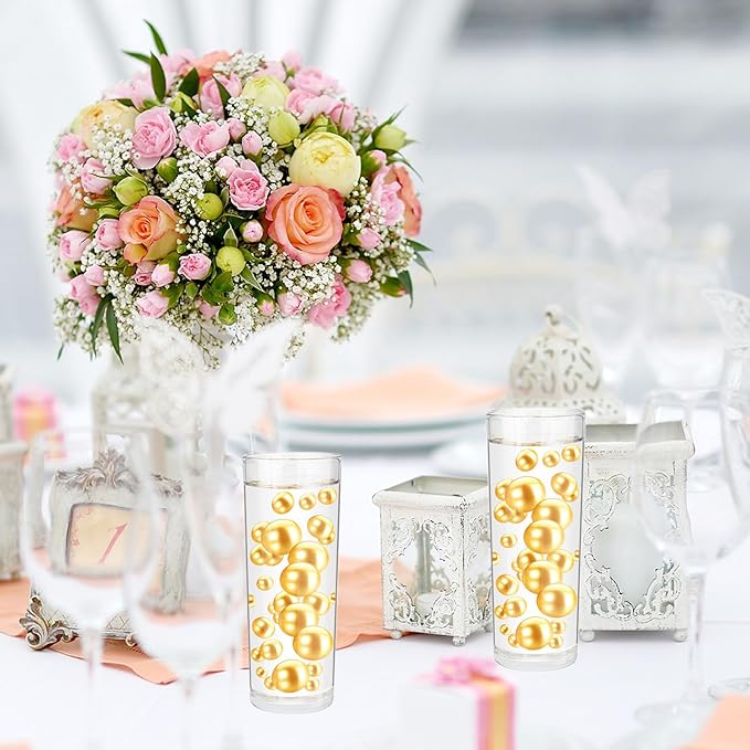 200PCS Golden Yellow Faux Pearls Beads for Centerpiece Vases, Vase Filler Faux Pearls, No Holes Filler Beads for Party Anniversary Birthday Wedding Table Decor, 10/14/20/30mm