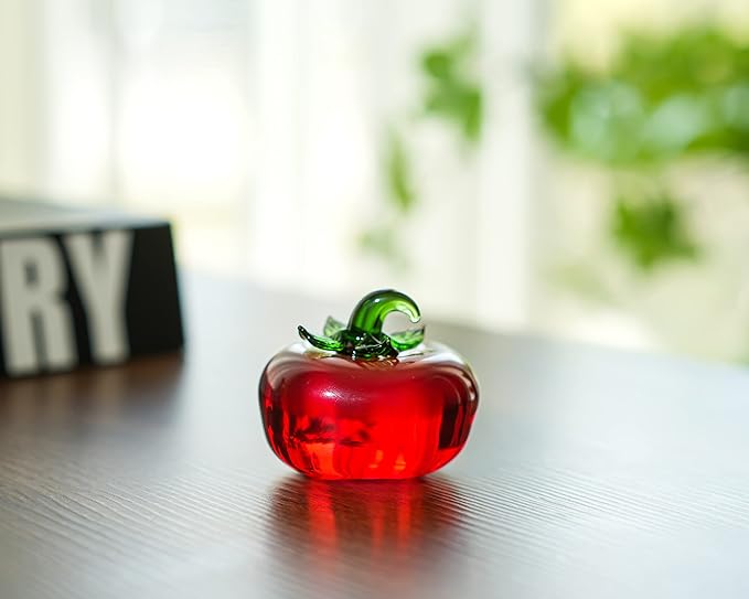 Hand Blown Glass Red Tomato Figurine Crystal Fruit Collectible Figurines Art Glass Miniature Ornament Tabletop Desk Paperweight for Women