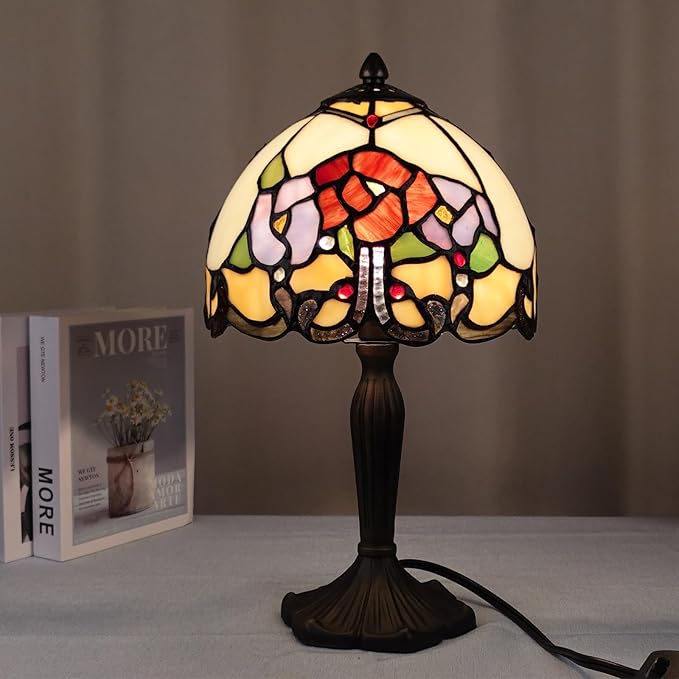 TL0010 Tiffany Lamp Rose Flowers Design Stained Glass Table Lamp 8" D x 14.25" H for Living Room Bedroom Bedside Nightstand Home Office, LED Buld Included (Rose Flower)