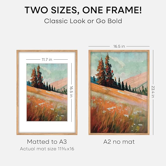 Homeforia A2 Picture Frame Natural Wood, High End Oak 16.5 x 23.4 Wooden Poster Frames Matted to 11.7 by 16.5 Photo, A2 Size Light Wood Frames with Mat A3 for Print, Tempered Glass, Wall Kit, Set of 1