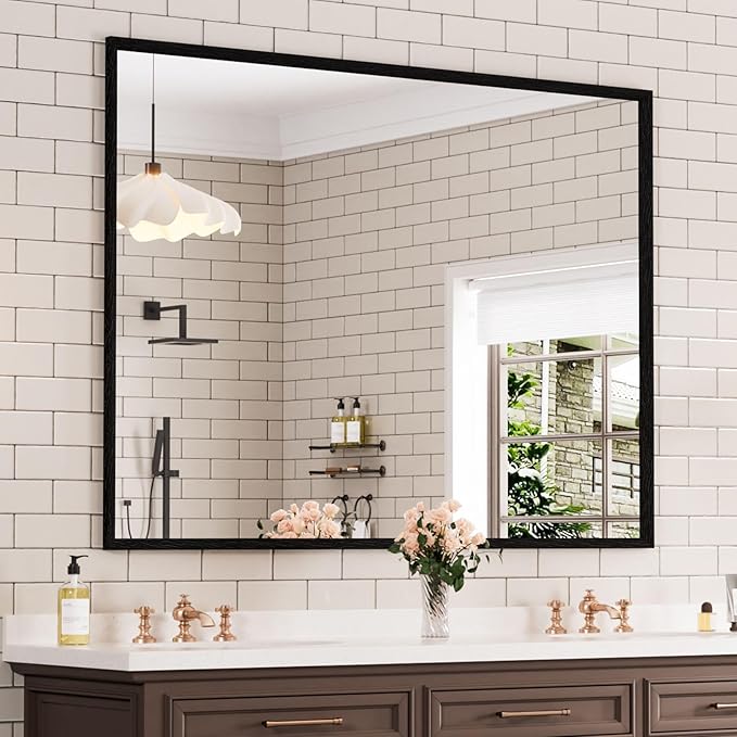 WEER 48X36 Inch Black Bathroom Mirror, Rectangular Framed Mirror for Bathroom, Matte Black Wall Mounted Large Vanity Mirror, Farmhouse Mirror, Tempered Glass, Anti-Rust, Horizontal or Vertical