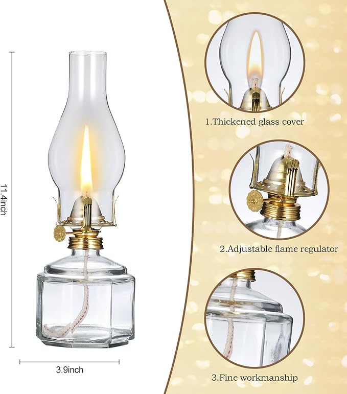 Set of 2 Vintage Large Kerosene Lamp Classic Rustic Oil Lamps for Indoor Use Home Decor Clear Glass Kerosene Hurricane Lantern for Tabletop Decor Emergency Lighting Oil Lantern 11.4 Inch
