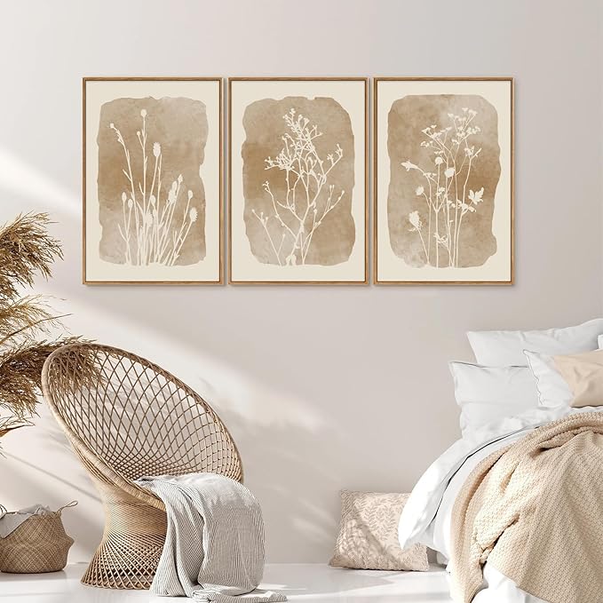 SIGNINART Boho Botanical Framed Canvas Wall Art Set, Neutral Wildflower Wall Decor, Vintage Floral Wall Painting, Art Print for Farmhouse Living Room, Bedroom, Office, Bathroom 16"x24"x3