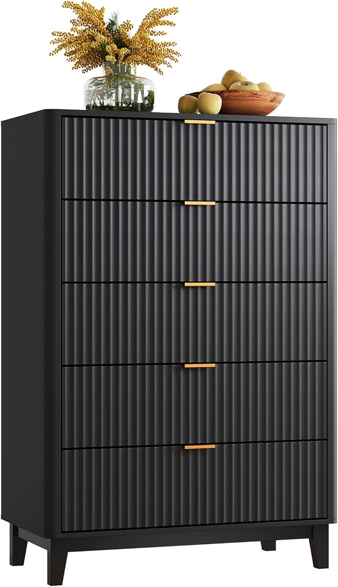 WLIVE Fluted Dresser for Bedroom with 5 Drawers, 46.26" Tall Wood Dresser with Golden Metal Handles, Mid Century Modern Chest of Drawers for Living Room, Hallway, Closet, Solid Black