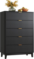 WLIVE Fluted Dresser for Bedroom with 5 Drawers, 46.26" Tall Wood Dresser with Golden Metal Handles, Mid Century Modern Chest of Drawers for Living Room, Hallway, Closet, Solid Black
