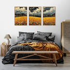 HLNIUC Mystical Moonlight Framed Wall Art Set,Night Moon Wildflower Canvas Wall Decor,Full Moon Mountain Flower Art Print,Large Golden Floral Landscape Wall Painting for Living Room,Office - 16”x24”x3