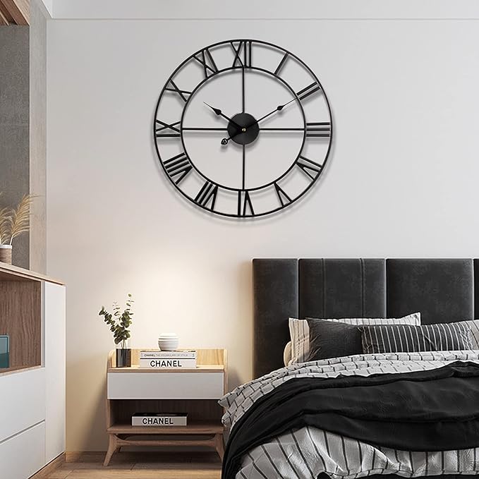 1st owned Large Wall Clock Metal Retro Roman Numeral Clock, Modern Round Wall Clocks Almost Silent, Easy to Read for Living Room/Home/Kitchen/Bedroom/Office/School Decor (Black, 24 Inch)