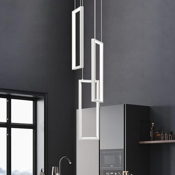 Modern Kitchen Pendant Light Fixture White 40W LED Pendant Light 3 Rings Rectangle Chandelier Pendant Lighting for Kitchen Island Living Room Dining Room Bedroom