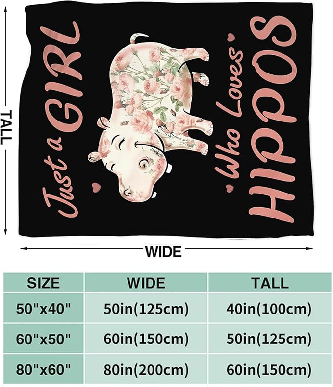 Hippo Blanket for Girls Women Just A Girl Who Loves Hippos Gifts Throw Blanket Lightweight Fuzzy Cozy Plush Flannel Fleece Blankets for Bed Decor 50"x60"