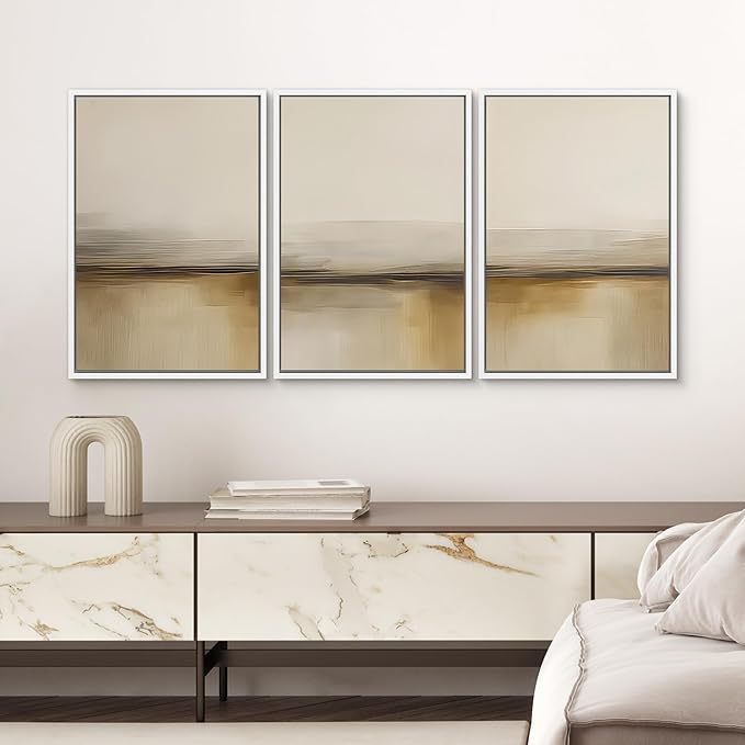 SIGNWIN Framed Canvas Print Wall Art Warm Neutral Horizon Abstract Beige and Brown Landscape Photography Modern Art Minimalist Black and White for Living Room, Bedroom, Office - 16"x24"x3 White