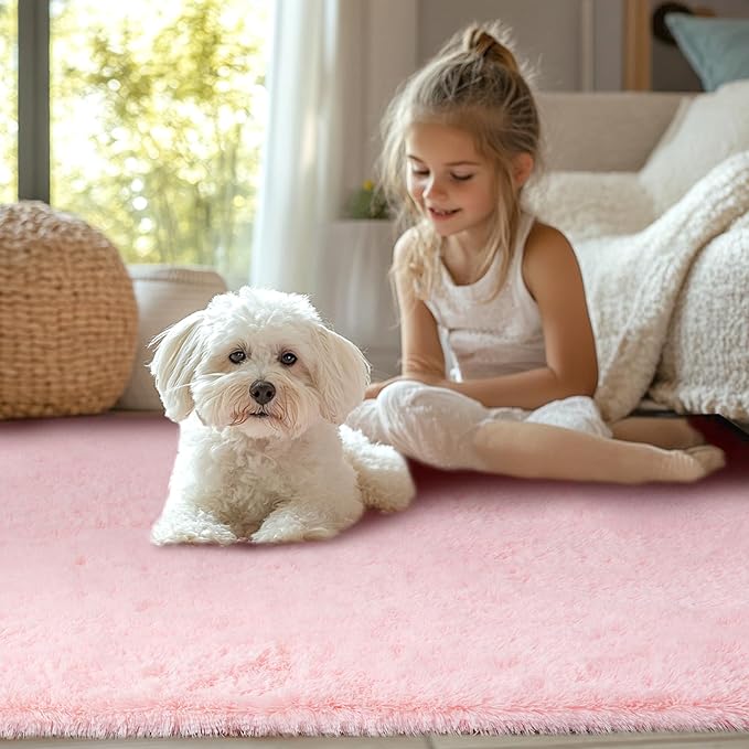 Pink Fluffy Rug for Girls Room: Pink Fuzzy Fug for Kids Room - 3x5 Furry Rug Bedroom Decor