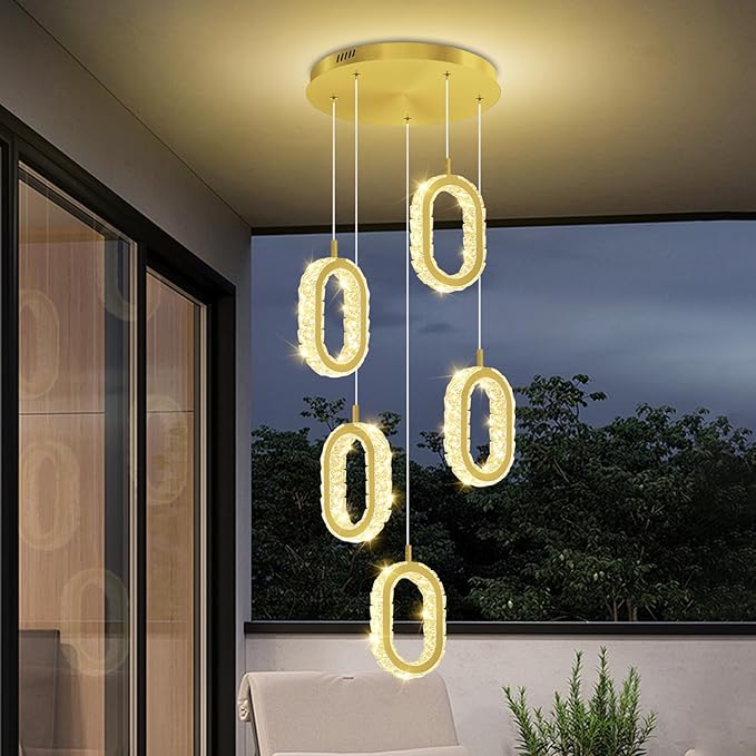 Gold 5-Light Chandelier Pendant Light for Kitchen Island, Dimmable Oval Crystal Ring Chandelier for Dining Room, Hallway, Entryway, Passway, Bedroom, Balcony Living Room