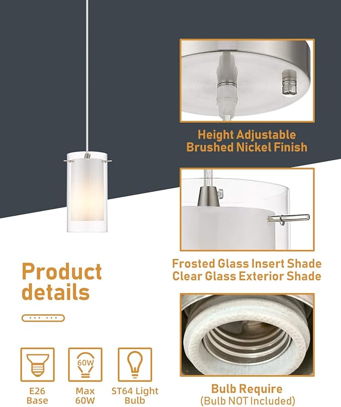 1-Light Pendant Light, Indoor Glass Hanging Light Fixture, Adjustable Height, Brushed Nickel Finish for Kitchen Dining Room, KP-506
