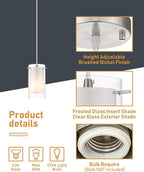 Modern Glass Pendant Light 2 Pack, Adjustable Hanging Pendant Lighting Kitchen Lights Island Dining Room Bathroom Bar, Brushed Nickel Finish