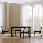 Mid Century Dining Chairs Set of 4, Accent Rattan Side Chairs Linen Fabric Kitchen Chair with Solid Wooden Legs for Living Room Dining Room, Grey